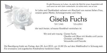 Traueranzeige von Gisela Fuchs von Pegnitz-Zeitung